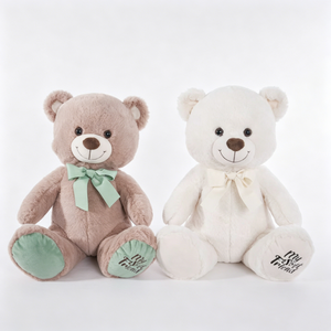 Ensemble de peluches ours en peluche personnalisé marron taupe et blanc – Ours assis assortis avec nœuds papillon en satin brodés - Product Image 4