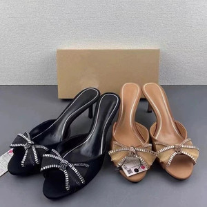 Nouvelles sandales sexy pour femmes, style satiné, avec nœud en strass, mules à bout ouvert, sandales à talons aiguilles pour femmes - Product Image 2