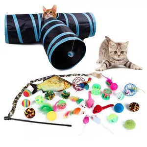 2024 New Interactive Cat Toy Set Kitten Toys Pack Tunnel Cat Feather Teaser Wand Toy Fluffy Mouse Crinkle Balls