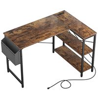 L-vormig metalen computerbureau met houten blad, 2 AC-aansluitingen, 2 USB-poorten, omkeerbaar, opklapbaar, milieuvriendelijk, modern thuiskantoor