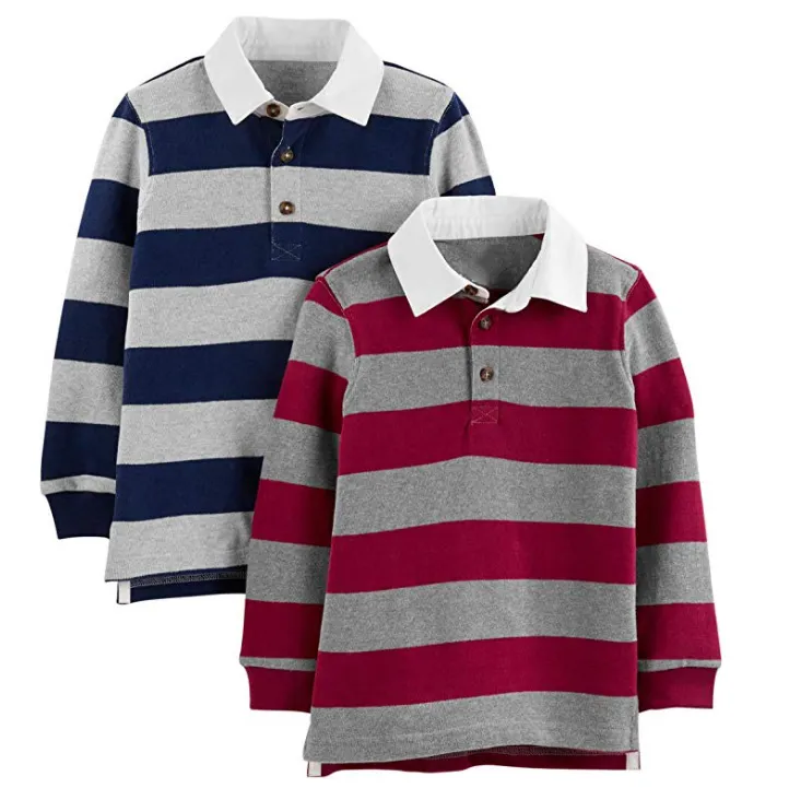 Yüksek kaliteli toptan çocuk erkek ve kız uzun kollu okul üniforması özel çocuk çizgili Polo tişört nakış Logo ile