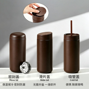 Gobelet isotherme en acier inoxydable 304, 450 ml, double paroi, avec trois couvercles, paille intégrée, portable, pour les voyages en extérieur, idéal comme cadeau - Product Image 3