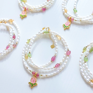 Delicate Sweet Cute 18K Gold Tulip <strong>Pendant</strong> Natural Freshwater <strong>Pearl</strong> Tourmaline Fine Beaded <strong>Necklace</strong> - Product Image 4