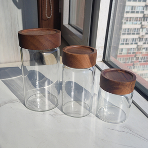 -20-200 ℃   Bocaux de <span class=keywords><strong>cuisine</strong></span> en verre borosilicate de luxe avec couvercle en bois brun, pots de rangement en verre <span class=keywords><strong>pour</strong></span> la <span class=keywords><strong>cuisine</strong></span> - Product Image 1