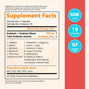 Capsules de Probiotiques et Prébiotiques Premium 60 milliards d'UFC 19 souches Soutient la Santé Digestive et Immunitaire avec 5 Prébiotiques pour l'Équilibre Intestinal - Product Image 2