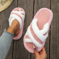 Pantoufles tendance en coton pelucheux à bout ouvert pour femmes, style croisé, vente en gros