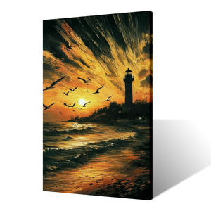 Faro costiero stampa pittura arte della parete con gabbiani che volano sopra la spiaggia del tramonto paesaggio decorazioni murali - Product Image 2