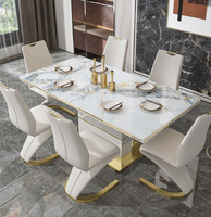 Ensemble de table et 6 chaises de salle à manger de style moderne et luxueux avec plateau en pierre/marbre, hauteur réglable pour la salle à manger à domicile