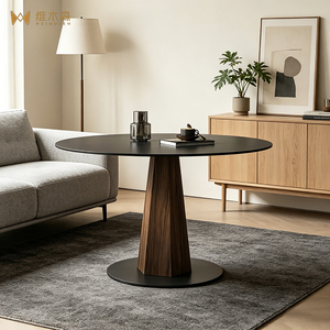 Mesa de Comedor Redonda Vintage de Pizarra con Patas de Madera Maciza Color Nogal Negro para Apartamentos Pequeños, Muebles Retro para el Hogar - Product Image 4