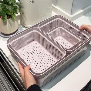 Double Layer Vegetable Washing Basket Plastic Drain Basket Multi Size Kitchen Storage Colander Strainer - Product Image 1