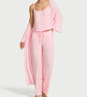 Damen 3-teiliges Modal-Set: Oberteil, Weite Hose mit Kordelzug, Langer Gürtel-Morgenmantel, Weicher Strick-Pyjama, Individuelle Anpassung Möglich
