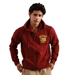 Men Red <b>Zip</b>-Up Hoodie Cotton French Terry Casual Autumn Wear Front Logo Pocket Design Regular Fit - Product Image 1