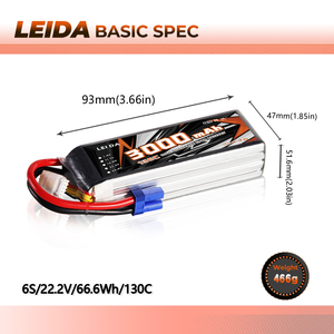 Baterí<span class=keywords><strong>a</strong></span> de Litio LEIDA de Bajo Precio, 3000mAh, 75C, 22.2V, 800 Ciclos, 6S Lipo para Carreras de Autos y Camiones RC FPV - Product Image 3