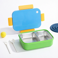 Boîte à bento colorée en acier inoxydable pour enfants, étanche, avec 2 compartiments, portable, avec cuillère et fourchette pour les écoliers