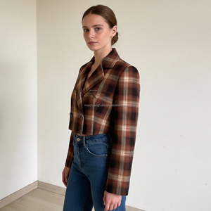 Custom Women's Cropped Plaid blazer for <strong>Ladies</strong> Checked Jacket - Product Image 2