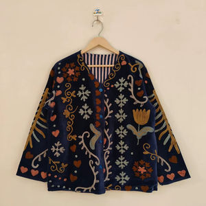 Veste en velours bleu marine brodée Suzani, style vintage floral bohème, faite à la main, veste en velours Suzani, cadeau pour elle - Product Image 1
