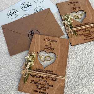 Invitations en bois, enveloppes personnalisées gravées, cartes personnalisables, artisanat DIY, décorations de fête de mariage - Product Image 3