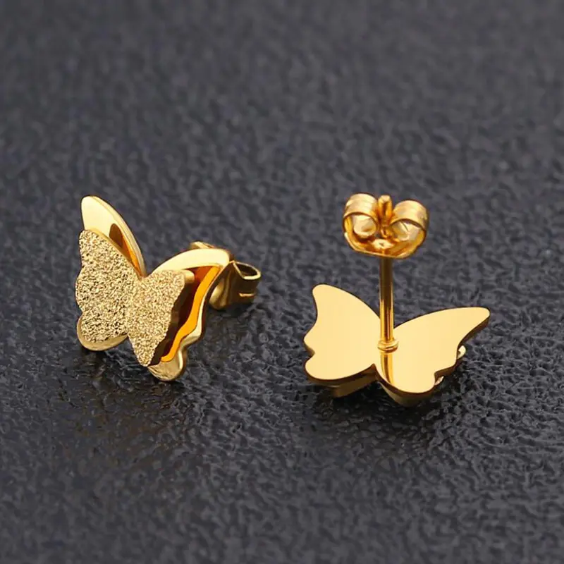 2022 New Stainless Steel Double Butterfly Earrings for Women Fashion Jewelry Rose Gold Silver Stud Earrings