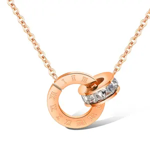 OUXI Trendy Zircon Digital Double Loop Rose Gold Stainless Steel Necklace Small Square Diamond Roman Numerals Necklace