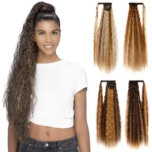 Fashion lady puff curly corn permed long pony tails wholesale heat resistant synthetic ponytail hair extensions for black women