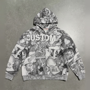 เสื้อฮู้ดดี้ผู้ชายแบบซิป ทรงโอเวอร์ไซส์ สไตล์วินเทจ ทำสีซีดแบบดิสเทรส สตรีทแวร์ ผ้าหนา 400 GSM รับผลิตแบบ OEM ตามสั่ง พิมพ์ลายดิจิทัล - Product Image 3