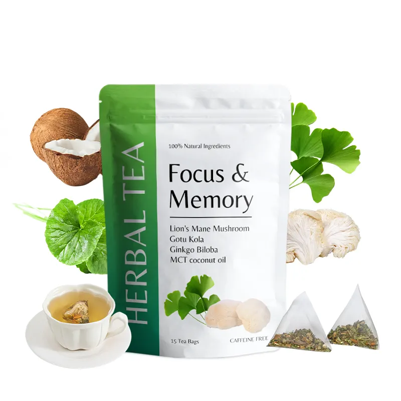 OEM relax Organic Gotu Kola Ginkgo Lion's Mane Mushroom MCT coconut Brain Booster for Better Memory Focus Brain Tea