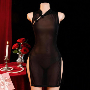 Lencería Íntima Sexy de Malla Transparente con Abertura, Uniforme Cheongsam Seductor sin Mangas, Pijama de Primavera - Product Image 1