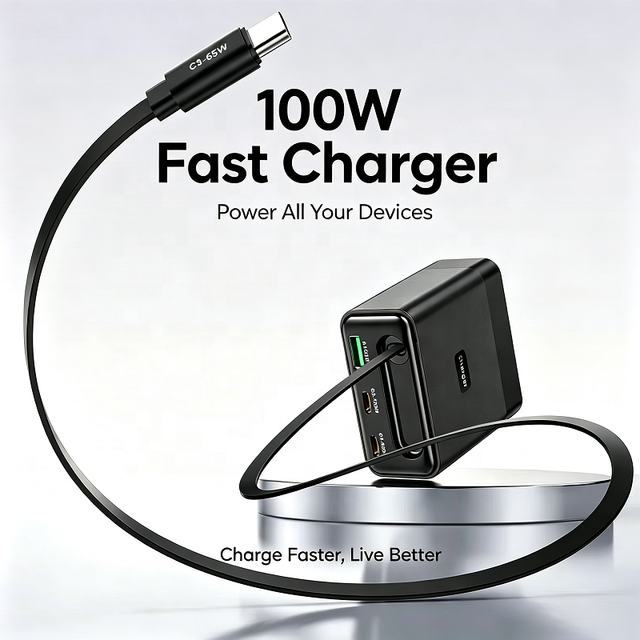 4-in-One Travel GaN Charger 100W with Retractable USB-C Cable Multiport Foldable Plug Wall Charger for Business Trip