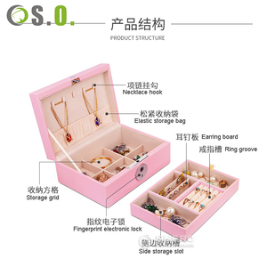 Boîte de rangement pour bijoux de voyage de haute qualité, grande capacité, en cuir, avec organisateur pour boucles d'oreilles et déverrouillage par empreinte digitale - Product Image 6