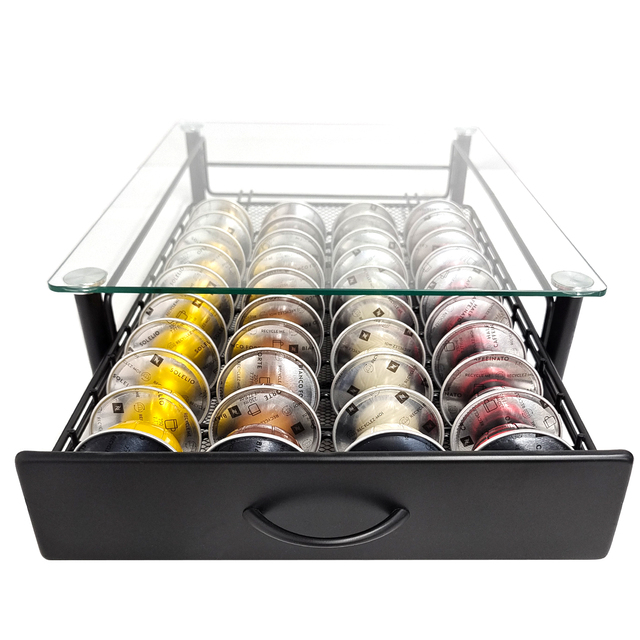 2022 New Drawer With Handle Design 40 PCS Nespresso Vertuo Coffee Pods Holder Crystal Tempered Glass Top Coffee Capsule Holder