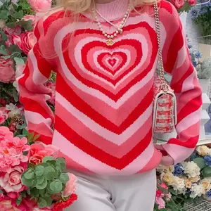 Suéter de San Valentín para mujer, suéter de manga larga con estampado de corazón, Sudadera de punto, cuello redondo, suéter Y2K