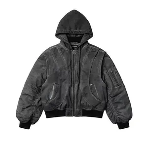 Custom Heavyweigh Duck Canvas Work Jacket With Hood Distress Cold Dyed Boxy Crop Workers Workwear Bomber Jacket Men