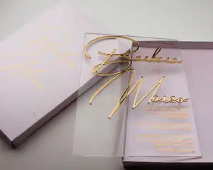 Şeffaf akrilik şeffaf düğün davetiyesi kabartmalı altın folyo baskılı davetiye fildişi kutulu Invitate