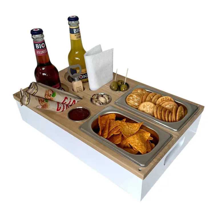 Moderno personalizado Original sofá consola mayordomo Snack bandeja 2 posavasos botella organizador 3-Dip sala de trabajo Caddy madera sofá portavasos