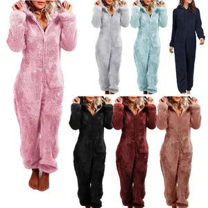 Nightwear Pajama Adult Sexy Onesie Bodysuit Pattern Print Hooded Flannel Zip Up Fleece Onsie Women Sleepwear