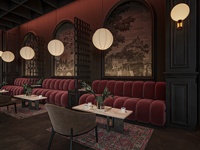 Conception de comptoir de bar de café en métal 3D, concept d'intérieur de café moderne, ensemble de meubles modernes pour café-restaurant