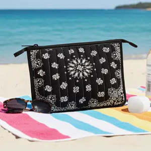 Bandana Paisley Quilted Cosmetic <strong>Bag</strong> Vintage Floral Print Zipper Wristlet Pouch <strong>Large</strong> Capacity Hand Strap Beach <strong>Makeup</strong> <strong>Bag</strong> - Product Image 3