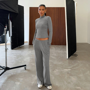 Lazy Relaxed Style High Neck Solid Color Knit <b>Top</b> Minimalist Slim Fit Flattering Long Pants New Two Piece Set Women - Product Image 6