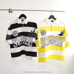 Camiseta Polo de Algodón de Manga Corta con Bordado Vintage Personalizado de Estilo Urbano, con Pedrería, Corte Holgado y Rayas para Hombre - Product Image 1