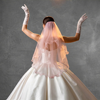 Voile de mariée rose nude doux, appliqué, à deux couches, avec ourlet à volants en ligne de pêche, pour mariage, enregistrement de mariage et voyage