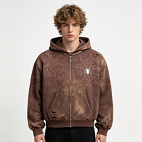 Sweat à capuche zippé marron délavé à l'acide, imprimé toile d'araignée, effet vieilli, style streetwear, lavage vintage, coupe oversize pour homme