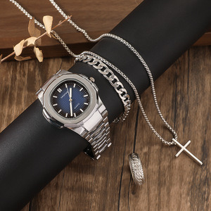 นาฬิกาเหล็กกลมสำหรับนักธุรกิจแฟชั่นผู้ชาย + สร้อยข้อมือ + สร้อยคอไขว้ + แหวนของขวัญ4ชิ้น/เซ็ต - Product Image 2