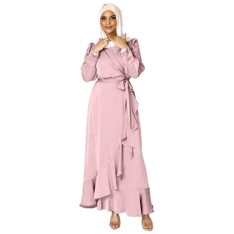 MANNI Eid Satin Hijab Dress Abaya Cho Phụ Nữ Quấn Phía Trước Bất Thường Ruffle Thắt Lưng Hồi Giáo Dubai Thổ Nhĩ Kỳ Quần Áo