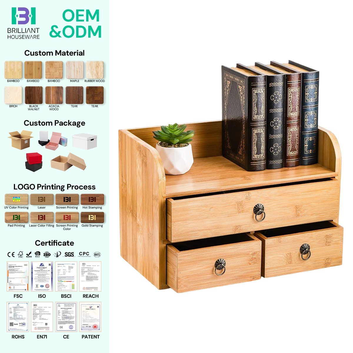 BH 3 Tier Bamboo Tabletop Storage Organization Bamboo Desk Organizer With Drawers For Home Office Toiletries Supplies Vanity