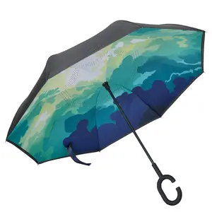 Hot Selling Double Layer Hands Free Umbrella Inside Out C Shape Handle Inverted Reverse Umbrella Custom Printing