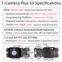 Carte de développement LILYGO T-CameraPlus-S3, processeur double cœur ESP32-S3R8, caméra 2MP + écran tactile 1,3 pouce, Wi-Fi + Bluetooth