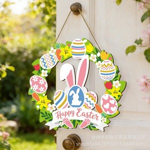 Easter Wooden Wreath Round Rabbit <b>Egg</b> <b>Decoration</b> Door Hanging Home Decor Durable Farmhouse Sign Colorful Spring Party Use - Product Image 1