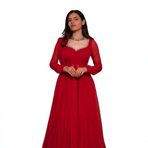 Red Floor-Length Anarkali <b>Suit</b> With Silver Traditional Indian Pakistani Wear <b>Women's</b> <b>Wedding</b> <b>Dress</b> Regular Fit - Product Image 1