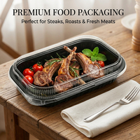 Boîte alimentaire rectangulaire noire en PP avec couvercle transparent en PET, compatible micro-ondes, grande boîte à emporter pour steak, viande fraîche, rôtis