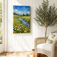 Impression sur toile de paysage champêtre printanier avec ruisseau et prairie de fleurs sauvages, décoration murale pour salon et hôtel